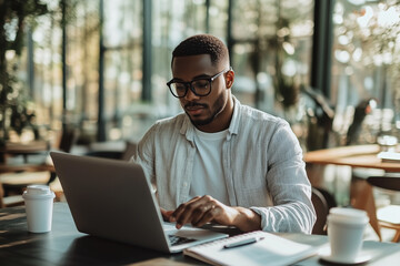 A handsome man in glasses is sitting at the table and working on his laptop, holding an open notebook with notes near him.