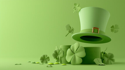 St patrick's Day Banner Shamrocks clover leaves and green hat against green background