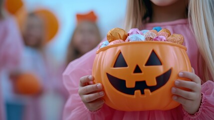 Child holding a pumpkin-shaped candy bucket during Halloween festivities, AI