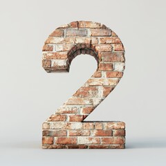 3D number 2 with brick texture realistic modern design, soft lighting, white background. 