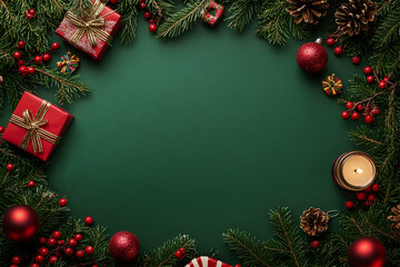 frame for Christmas banner on a green background. Christmas branches, decorations, gifts, decorated gifts, candies, canes, gingerbread. There is free space for text in the center