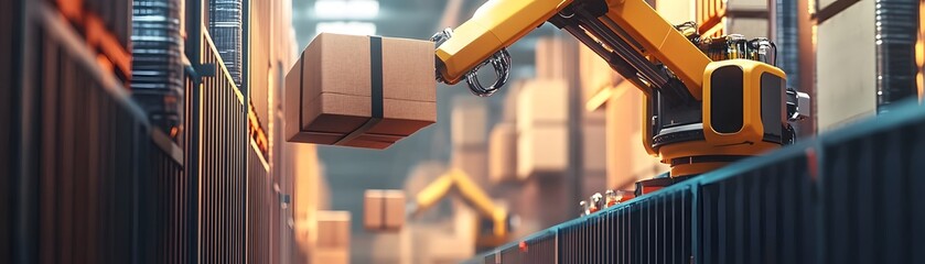 Poster - A robotic arm efficiently handling boxes in a modern warehouse setting, showcasing automation and advanced logistics technology.