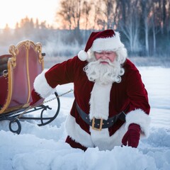 Grumpy Santa Claus in Snowy Landscape with Sleigh