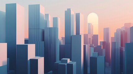 Wall Mural - A serene cityscape at sunset, showcasing modern skyscrapers in soft pastel colors.