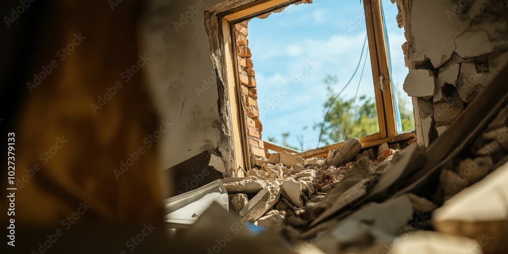An image depicting a partially collapsed building with rubble and ...