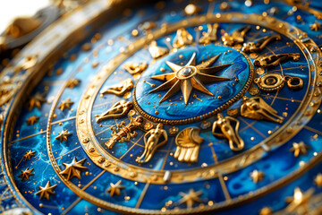 Wall Mural - a detailed view of a luxurious, gold-accented astrological wheel with blue and golden elements, repr