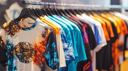 Colorful t-shirts hanging on a rack in a clothing store, close up.