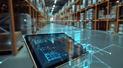 Poster - digital tablet displaying data in a modern warehouse, showcasing technology and efficient inventory 