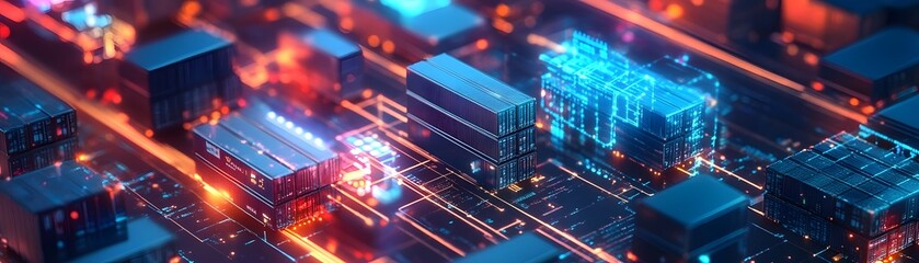 Poster - Futuristic digital landscape showcasing vibrant circuits and glowing components, illustrating technology and innovation.