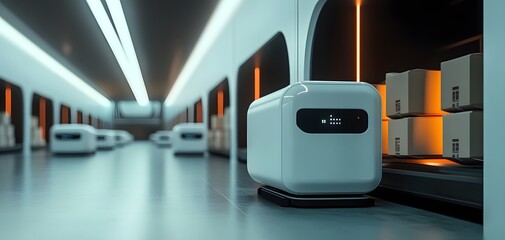 Poster - Futuristic warehouse with automated robots delivering packages in a modern environment. Efficient logistics and technology in action.