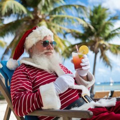 Santa Claus Relaxing on Tropical Beach with Drink