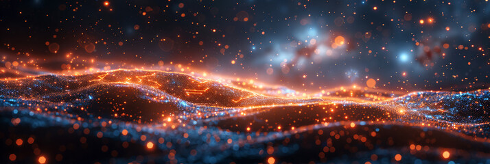 Canvas Print - orange and blue glowing particles forming constellations over a cosmic landscape, representing space