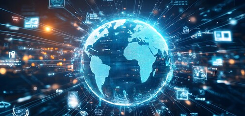 Poster - A digital globe surrounded by data streams, representing global connectivity and information technology in a vibrant, modern style.