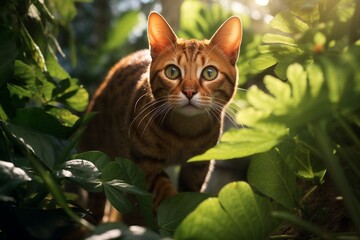 Curious tabby cat exploring lush green foliage in a sunlit garden