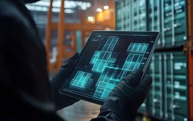 Poster - a person interacting with a digital tablet in a warehouse, showcasing modern technology and data man