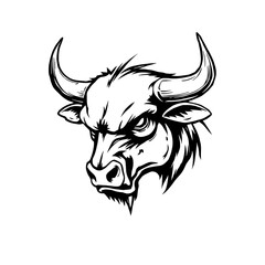 Angry bull profile face, facing sideways, hand drawing, isolated on white background, vintage sketch illustration, simple and minimal details, suitable for logo branding, Halloween theme Generative AI