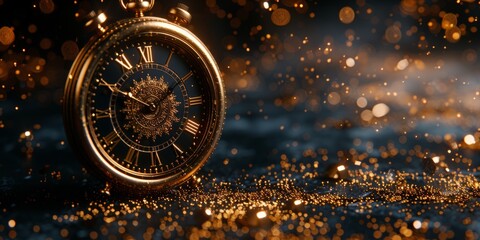Wall Mural - close-up of a vintage pocket watch surrounded by sparkling golden particles, representing the concep