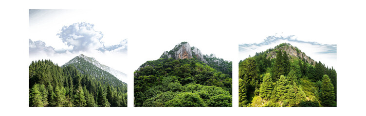 Aufkleber - A collage of three mountain scenes, featuring rocky peaks, green trees, and fluffy clouds.