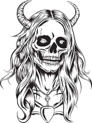 black and white art tattoo of a woman's skull with long hair and horns