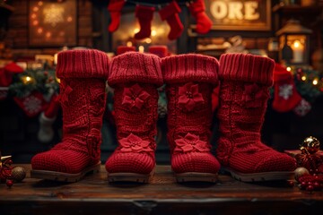 Wall Mural - Cozy red knitted boots decorated with flowers in a festive, warmly lit holiday setting