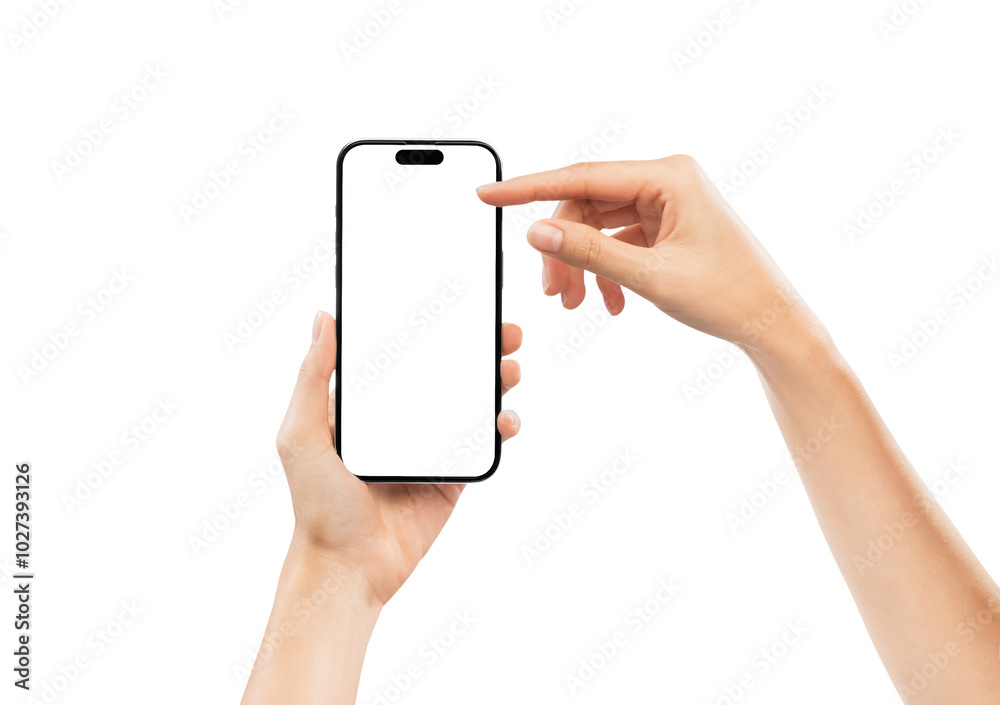 Hand holding the black smartphone with mockup of blank screen on ...