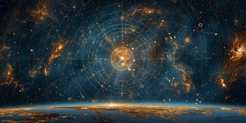 Canvas Print - starry cosmic map with golden celestial lines and distant galaxies, representing astrology, science,