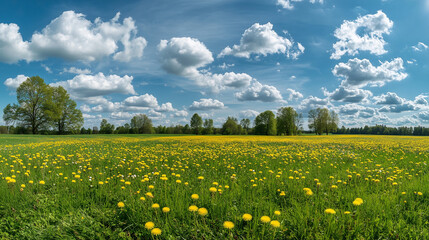 Wall Mural - A panoramic view of a green meadow with trees and a blue sky with clouds, a field of yellow dandelions.