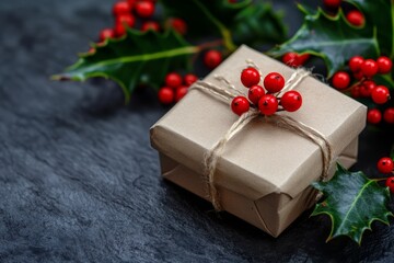 A small, wrapped gift with twine and red holly berries lies on a dark stone surface, highlighting the holiday spirit