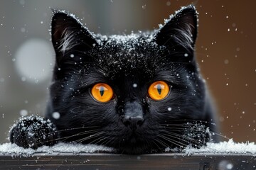 A black cat with striking orange eyes resting in the snow, capturing a serene winter moment in a tranquil setting