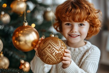 Smiling child decorates a Christmas tree with golden ornaments on a cozy winter day