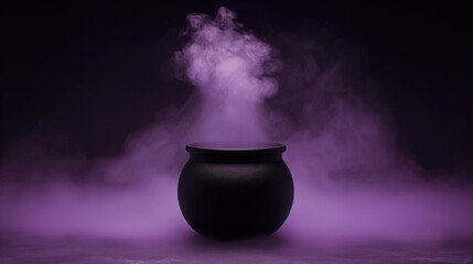 Mystical cauldron with purple smoke against dark background