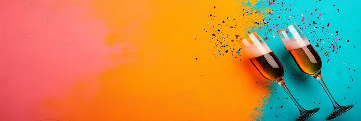 Two champagne flutes clink together against a vibrant gradient background of orange and blue, sprinkled with confetti, evoking celebration and joy.