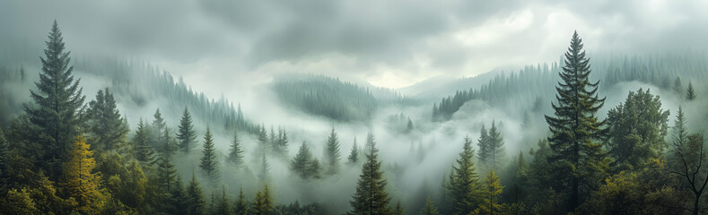 Wall Mural - A panoramic view of an evergreen forest shrouded in mist, with the trees towering above and forming intricate patterns against the backdrop of grey clouds.