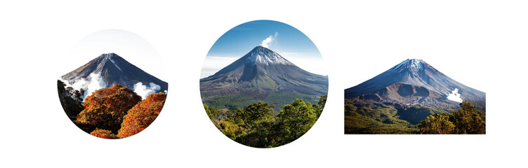 Aufkleber - Three different perspectives of a snow-capped volcano with lush vegetation at the base.