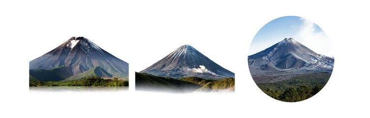 Aufkleber - Three different views of a snow-capped volcano, with the rightmost view in a circular frame.