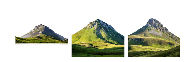 Poster - Three views of a mountain range, the peaks are covered in green grass and rock.