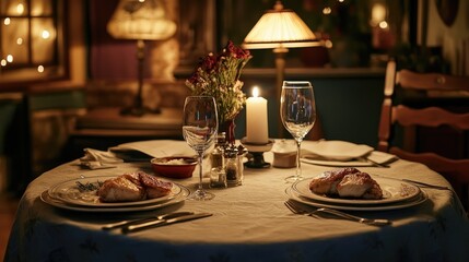 Romantic Dinner Table Set for Two with Chicken Dish