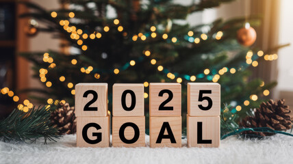 Wooden blocks displaying 2025 goal in front of a Christmas tree, soft focus bokeh lights.