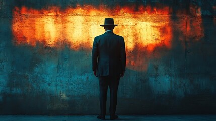 Wall Mural - A man in a suit and hat stands in front of a wall with a red line