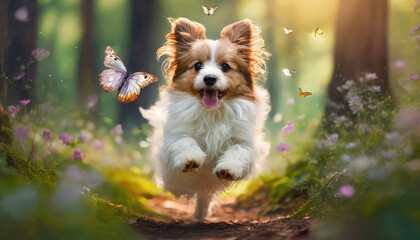 Joyful fluffy dog frolicking in enchanted forest