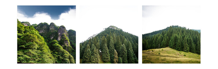 Aufkleber - Three vertical images of forested mountains against a cloudy sky.
