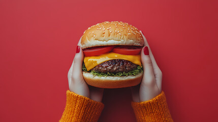 Delicious gourmet hamburger with meat, bacon, cheddar, tomato, lettuce, special sauce, onion and pickles ready to eat