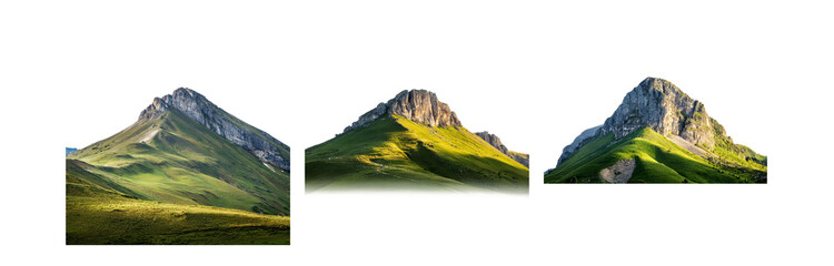Poster - Three rocky mountains are covered in lush green grass.