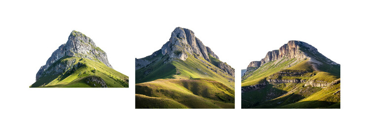 Aufkleber - Three rocky mountain peaks rise from a grassy landscape.