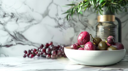 Fresh red and green olives in a white bowl on a marble background