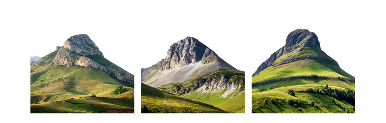 Poster - Three rocky mountain peaks rise up from green grassy slopes.