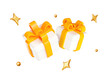 © Игорь Жуков - 3d white gift box with yellow ribbon and flying gold stars and balls. Stock vector illustration on isolated background.