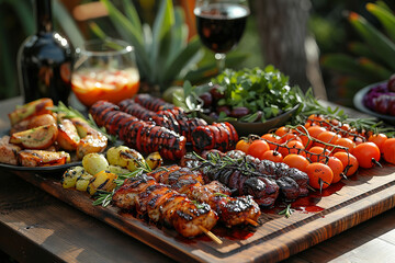 Close up of grilled meat and vegetables outdoor summer concept generated.AI