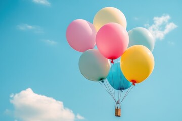 Poster - A vibrant array of balloons ascends into a brilliant blue sky, creating a joyful atmosphere filled with color and light. Generative AI