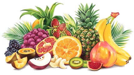 Wall Mural - A vibrant mix of fresh fruits and nuts including pineapple, bananas, grapes, kiwi, cashews, and berries.